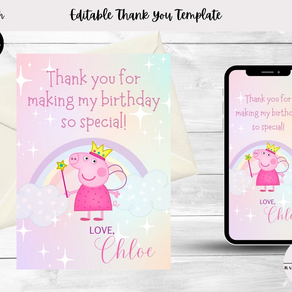 Pig Rainbow Sparkles Pink Birthday Party Theme Thank You Card | Editable Digital Text Template | Evite Invite | Resizable & Printable