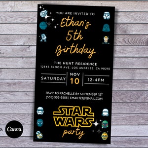 May include: Black and yellow Star Wars party invitation with a black background and a yellow Star Wars logo. The invitation includes the text "You are invited to Ethan's 5th Birthday", the date and time of the party, and the location.