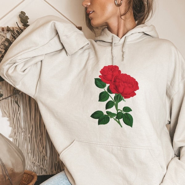 Red Rose Hoodie Floral Aesthetic Hoodie Flower Hoodie with Red Roses Botanical Hoodie Romantic Rose Sweatshirt Cottagecore Hoodie Plus Size