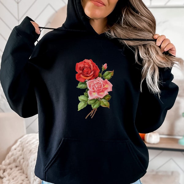 Pink and Red Rose Hoodie Floral Botanical Hoodie Fairycore Aesthetic Hoodie Princess Aesthetic Light Academia Hoodie Cottagecore Hoodie