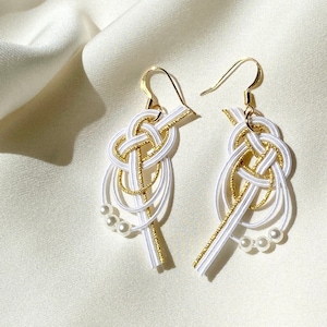 Handmade Japanese Mizuhiki Knots Pearl Earrings, Lightweight, Unique Birthday Holiday gift, Nickel Free, Hypoallergenic