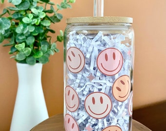 Smiley Face Iced Coffee Glass - 16oz Beer Can Design