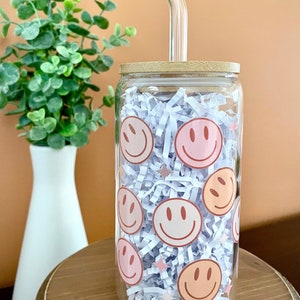 Smiley Face Cup - Happy Face Beer Can Glass - Iced Coffee Cup - Happy Coffee Glass - Beer Can Glass with Lid and Straw Included