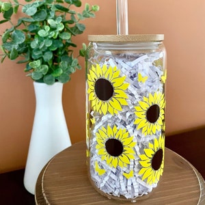 Sunflower Glass Coffee Cup, 16oz Libbey Glass Can, Yellow Flower Beer Can Glass, Spring Summer Glassware, Sunflower Iced Coffee