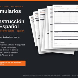 May include: A digital bundle of seven construction forms in Spanish, including a daily report, safety meeting log, and change order register. The documents are presented as white, printable US letter-sized pages with black text and lines.