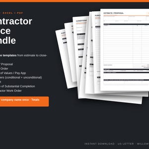 May include: A digital contractor office bundle featuring seven editable Excel and PDF templates including an estimate, proposal, purchase order, schedule of values, lien waivers, punch list, certificate of substantial completion, and subcontractor work order.