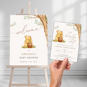 Pooh Bear Baby Shower Gender Neutral Invitation & Welcome Sign Bundle, Editable Baby Shower Bundle, Printable Instant Digital Download