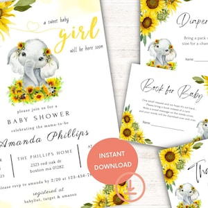 May include: Baby shower invitation with a watercolor illustration of a gray elephant with sunflowers. The invitation says "a sweet baby girl will be here soon" and includes the date, time, and location of the shower. It also includes a diaper raffle and book request card.