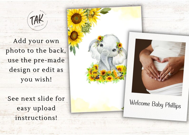 May include: A digital printable baby shower invitation with a watercolor illustration of a baby elephant surrounded by sunflowers. The text "Welcome Baby Phillips" is at the bottom of the invitation.