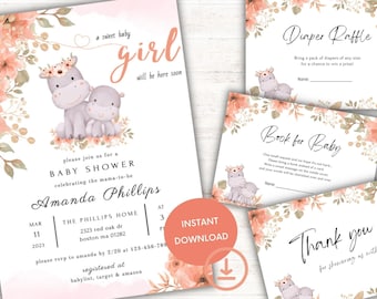 Baby Girl Shower Invitation Bundle , Editable Baby Hippo Invitation Template Bundle, Baby Shower Printable Instant Digital Download Bundle