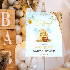 Cartello di benvenuto per baby shower Winnie The Pooh stampato, benvenuto per baby shower Pooh, cartello di benvenuto in schiuma Winnie The Pooh stampato personalizzato per neonato