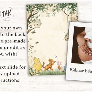 May include: A printable baby shower invitation with a Winnie the Pooh theme. The invitation features a watercolor illustration of Winnie the Pooh, Tigger, and Piglet in a forest setting. The text "Welcome Baby Phillips" is at the bottom of the invitation.