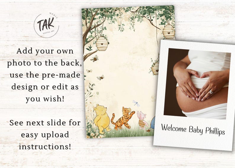 May include: A printable baby shower invitation with a Winnie the Pooh theme. The invitation features a watercolor illustration of Winnie the Pooh, Tigger, and Piglet in a forest setting. The text "Welcome Baby Phillips" is at the bottom of the invitation.