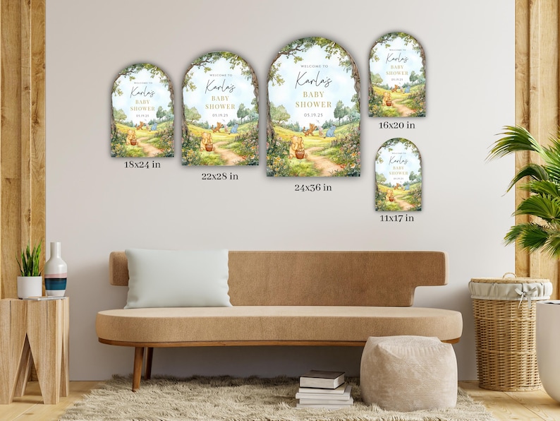 May include: Four different sizes of welcome signs for a baby shower. The signs feature a whimsical illustration of Winnie the Pooh and Piglet walking down a path in the woods. The text on the signs reads "Welcome to Karlas Baby Shower".