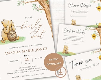 Pooh Bear Gender Neutral Baby Shower Invitation Bundle, Editable Pooh Baby Shower Or Gender Reveal Invite Bundle, Instant Digital Download