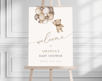 Bear Baby Balloons Shower Gender Neutral Welcome Sign, Editable Bear Balloons, Instant Digital Download Poster, Printable Bear Welcome Sign