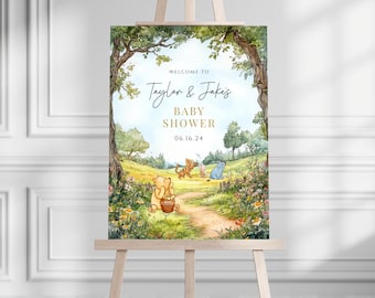Winnie The Pooh-Babyparty-Willkommensschild, bearbeitbares Babyparty-Willkommen, sofortiger digitaler Download, druckbares geschlechtsneutrales Willkommensschild