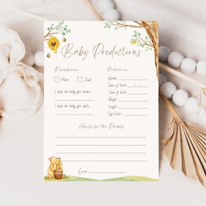 Winnie de Poeh baby shower voorspellingen kaart, baby shower games, afdrukbare downloadbare baby shower spel, direct bewerkbare digitale download