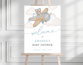 We Can Bearly Wait Baby Shower Boy Welcome Sign, Editable Flying Bear, Instant Digital Download Poster, Printable Bear Airplane Welcome Sign