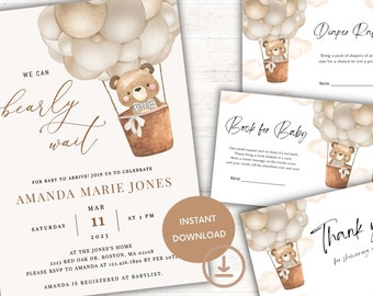 May include: A baby shower invitation with a cute cartoon bear in a hot air balloon. The invitation says "We can barely wait" for baby to arrive. The invitation is for Amanda Marie Jones and is set for March 11th at 3 PM.