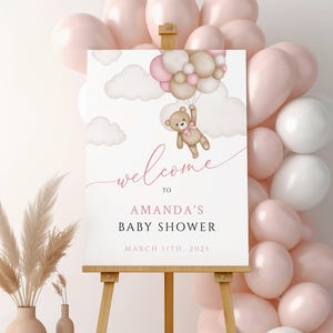 Baby Shower stampato "We Can Bearly Wait" Cartello di benvenuto in schiuma per bambina, orsetto palloncino per bambini, pannello in schiuma stampato, cartello di benvenuto con orso gigante stampabile