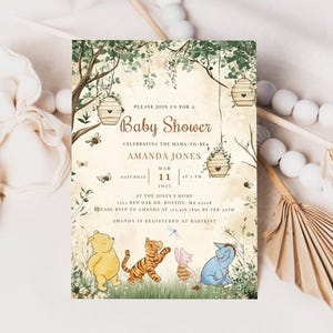 Winnie The Pooh Gender Neutral Baby Shower Invitation, Editable Classic Storybook Theme, Custom Baby Shower Invite, Hundred Acre Baby Shower