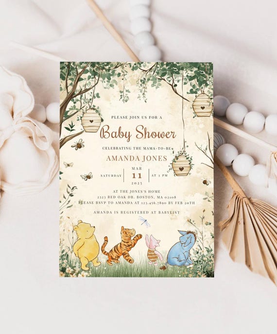 Winnie The Pooh Gender Neutral Baby Shower Invitation, Editable Classic Storybook Theme, Custom Baby Shower Invite, Hundred Acre Baby Shower