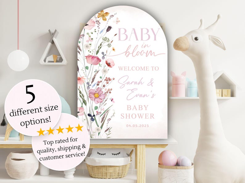 May include: A baby shower sign with a floral design and the words "BABY in bloom." The sign welcomes guests to Sarah & Evan's baby shower on 04.05.2025. The sign is available in 5 different size options.
