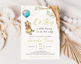 Editable Winnie the Pooh Baby Shower Invitation, Baby Boy Pooh Bear Baby Shower Invitation Card, Instant Printable Digital Download Template