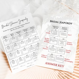 May include: A printable bridal shower game board with the title "Bridal Shower Jeopardy". The game board is divided into categories such as "About Groom", "About Bride", "Wedding Trivia", "Wedding Movies", and "Famous Couples". Each category has five questions with point values ranging from 100 to 400. The game board also includes an answer key with the correct answers to the questions.