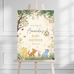 Letrero de bienvenida para baby shower de Winnie the Pooh, bienvenida editable para baby shower, descarga digital instantánea, letrero de bienvenida imprimible de género neutro.