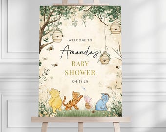 Winnie The Pooh-Babyparty-Willkommensschild, bearbeitbares Babyparty-Willkommen, sofortiger digitaler Download, druckbares geschlechtsneutrales Willkommensschild
