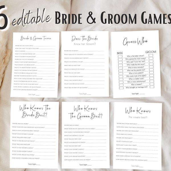 Minimalist Bridal Shower Bride & Groom Trivia Game Bundle, Bridal Shower Games, Printable Downloadable Game, Instant Editable Download
