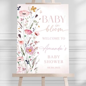 Placa de boas-vindas para chá de bebê impresso Baby in Bloom, placa de boas-vindas para chá de bebê floral, placa de espuma personalizada com impressão neutra em termos de gênero e bem-vinda para festa