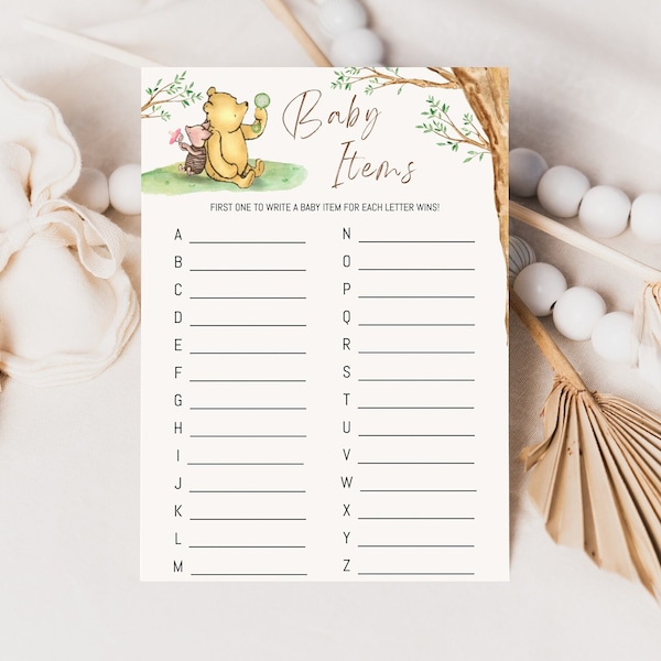 Winnie The Pooh Baby Shower Baby Items ABC Game, Baby Shower Games, Printable Downloadable Game Template, Instant Editable Digital Download