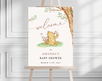 Winnie The Pooh Baby-Dusche-Willkommens-Schild, bearbeitbares Baby-Dusche-Willkommen, sofortiger digitaler Download, druckbares geschlechtsneutrales Willkommensschild