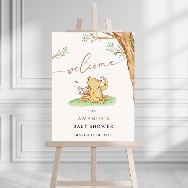 Winnie The Pooh Baby Shower Welcome Sign, Editable Baby Shower Welcome, Instant Digital Download, Printable Gender Neutral Welcome Sign