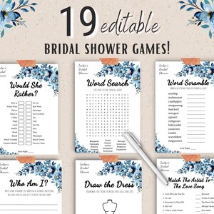 May include: Nine printable bridal shower game cards with blue floral designs. The games include "Would She Rather", "Word Search", "Word Scramble", "Who Am I?", "Draw the Dress", and "Match the Artist to the Love Song".