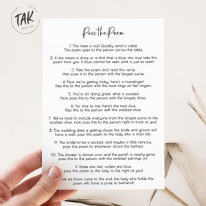 Minimalist Bridal Shower Pass The Poem Game, Bridal Shower Spiel, druckbare Karte, herunterladbares Spiel, sofort bearbeitbarer digitaler Download