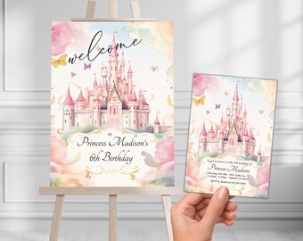 Princess Girls Birthday Invitation And Welcome Sign Bundle, Editable Princess Bundle, Instant Digital Download Templates, Printable Bundle