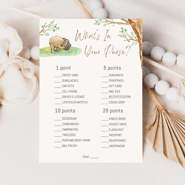 Winnie The Pooh Baby Shower What's In Your Purse Game, Printable Downloadable Baby Shower Game Template, Instant Editable Digital Download