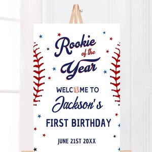 Letrero de bienvenida impreso para el primer cumpleaños de Novato del Año en Béisbol, decoración de cumpleaños personalizada con tablero de espuma, letrero personalizado con temática deportiva para el primer cumpleaños de un niño
