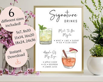 Pode incluir: Sinal imprimível com ilustrações de aquarela de dois coquetéis, um Mint-To-Be Mojito e um Apple Of My Eye. O sinal lista os ingredientes de cada bebida. O sinal está emoldurado em ouro e está sobre uma mesa com flores cor-de-rosa.