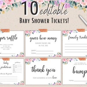 Baby Shower Girl Ticket Bundle, Aquarell rosa & lila Baby Shower Tickets, druckbare sofortiger digitaler Download Bundle für Mädchen Baby Shower