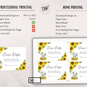 May include: Printable diaper raffle ticket template featuring a cute elephant illustration surrounded by sunflowers. The text reads "Diaper Raffle" and includes instructions for guests to bring a pack of diapers of any size for a chance to win a prize.