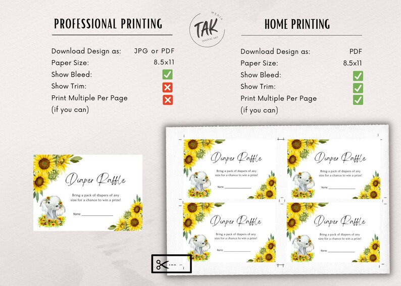 May include: Printable diaper raffle ticket template featuring a cute elephant illustration surrounded by sunflowers. The text reads "Diaper Raffle" and includes instructions for guests to bring a pack of diapers of any size for a chance to win a prize.