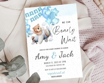 We Can Bearly Wait Blue Baby Boy Shower Invitation Template, Editable Bear Baby Shower Invitation, Printable Instant Digital Download