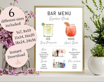 Plantilla minimalista de menú de bar, menú de bar imprimible, plantilla de menú de bebidas moderna editable, más de 250 imágenes de bebidas, letrero de fiesta de bebidas exclusivas