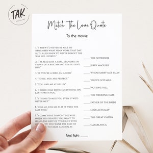 Minimalist Bridal Shower Match The Love Quote Game, Bridal Shower Game, Printable Card, Downloadable Game, Instant Editable Digital Download