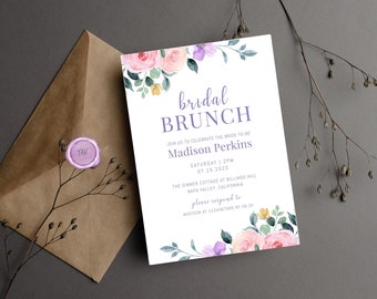 May include: A purple and white bridal brunch invitation with watercolor floral designs. The invitation includes the text "bridal brunch", "Join us to celebrate the bride-to-be", "Madison Perkins", "Saturday | 2PM", "07.15.2023", "The Dinner Cottage at Billings Hill", "Napa Valley, California", "please respond to", "Madison at 1234567890 87 06.30".